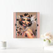 Pastel Drawing 1920's Flapper Girl Smoking II Vierkante Klok (Huis)