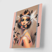 Pastel Drawing 1920's Flapper Girl Smoking II Vierkante Klok (Hoek)