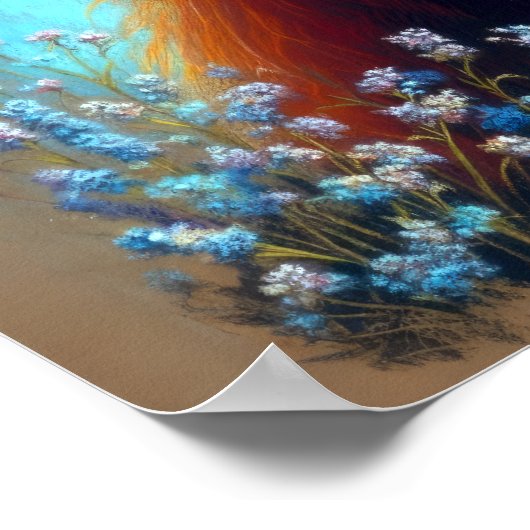 Pastel Drawing Highland Koe Blauwe Bloemen Poster (Hoek)