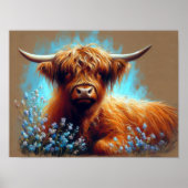 Pastel Drawing Highland Koe Blauwe Bloemen Poster (Voorkant)