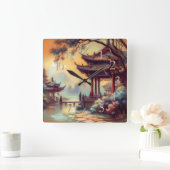 Pastel Drawing of Ancient Chinese Pagoda Village Vierkante Klok (Huis)