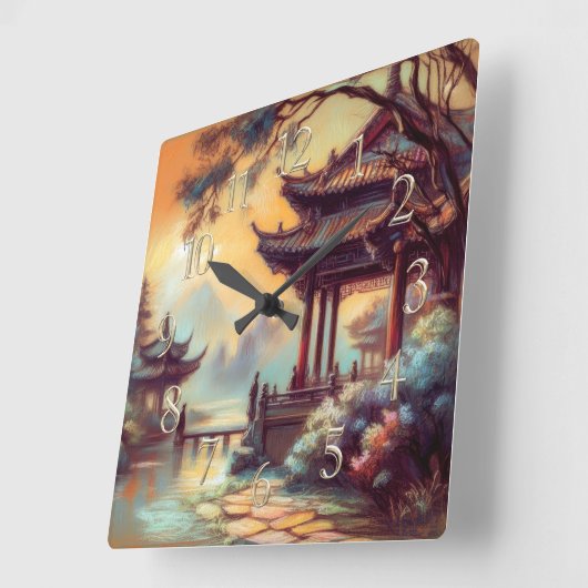 Pastel Drawing of Ancient Chinese Pagoda Village Vierkante Klok (Hoek)