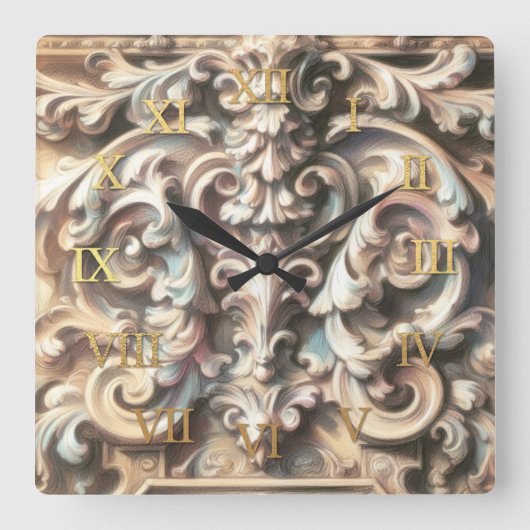 Pastel Drawing of Architecture Ornate Stone Carved Vierkante Klok (Voorkant)