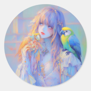 Pastel Dreamy Pet Parrot Pirate Anime Girl Ronde Sticker
