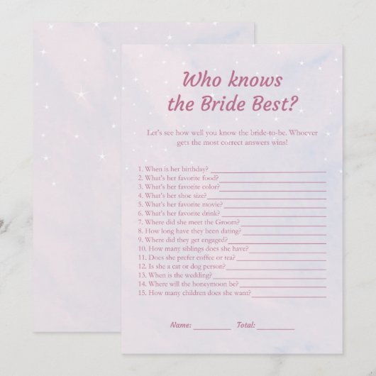 Pastel Dreamy Wie kent de Bruid Beste Spel Kaarten (Voorkant / Achterkant)