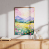 Pastel Droomlandschap Bloeiende Heuvels Muurkunst Poster