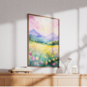 Pastel Droomlandschap Bloeiende Heuvels Muurkunst Poster