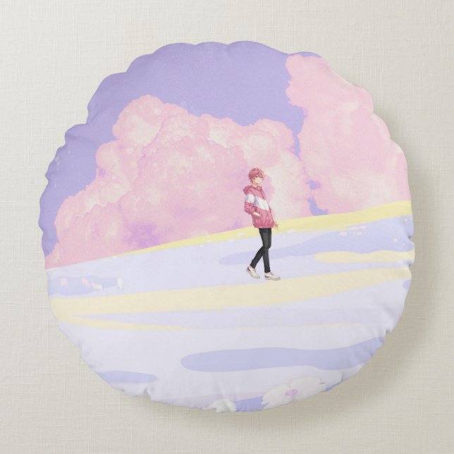 Pastel Droomlandschap Wandelaar Rond Kussen (Voorkant)