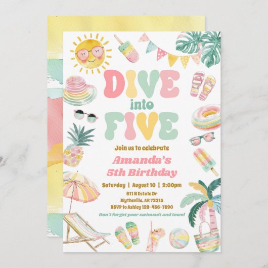 Pastel Duik in vijf Pool Party uitnodiging (Voorkant / Achterkant)
