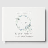 Pastel Dusky Blue Floral Wreath Weddenschap Monogr Gastenboek (Voorkant)