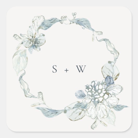 Pastel Dusky Blue Floral Wreath Weddenschap Monogr Vierkante Sticker (Voorkant)