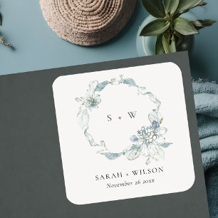 Pastel Dusky Blue Floral Wreath Weddenschap Monogr Vierkante Sticker