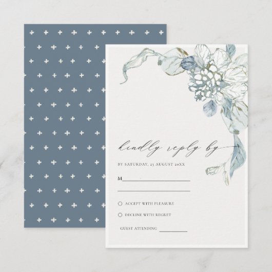 Pastel Dusky Blue Waterverf Floral Wedding RSVP Informatiekaartje (Voorkant / Achterkant)