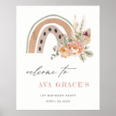 Pastel Dusky Boho Floral Rainbow Birthday Welcome Poster (Voorkant)