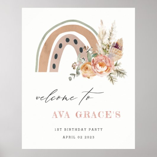 Pastel Dusky Boho Floral Rainbow Birthday Welcome Poster (Voorkant)