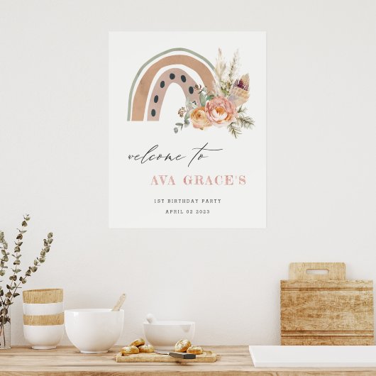 Pastel Dusky Boho Floral Rainbow Birthday Welcome Poster (Keuken)