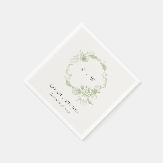Pastel Dusky Green Floral Wreath Weddenschap Monog Servet (Hoek)