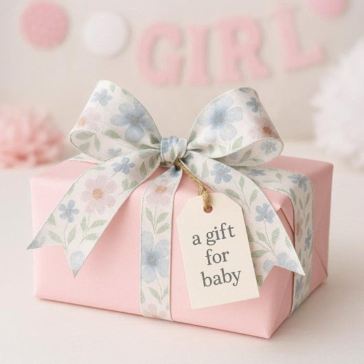 Pastel Dusty Blue & Pink Floral Watercolor   Satijnen Lint