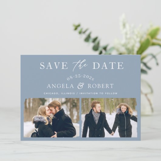 Pastel Dusty Blue Typography Bruske 2 Foto Save The Date (Staand voorkant)