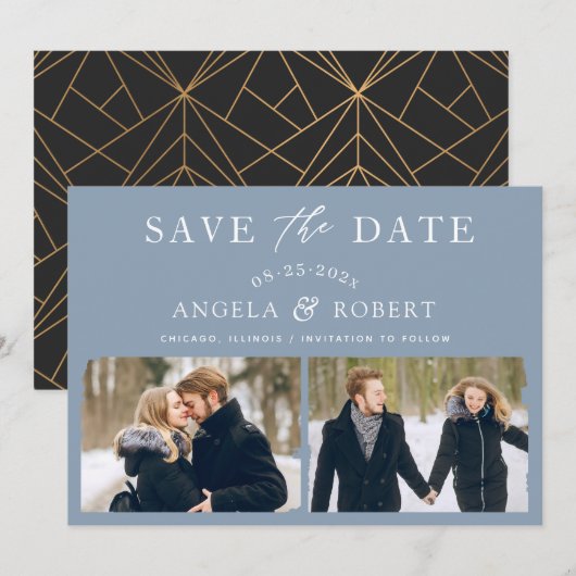 Pastel Dusty Blue Typography Bruske 2 Foto Save The Date (Voorkant / Achterkant)