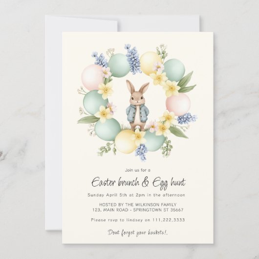 Pastel Easter Egg Wreath Bunny Invitation Feestdagenkaart (Voorkant)