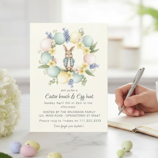 Pastel Easter Egg Wreath Bunny Invitation Feestdagenkaart