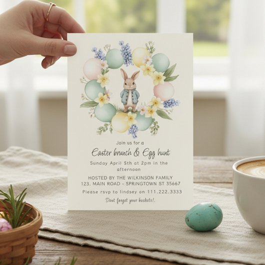 Pastel Easter Egg Wreath Bunny Invitation Feestdagenkaart