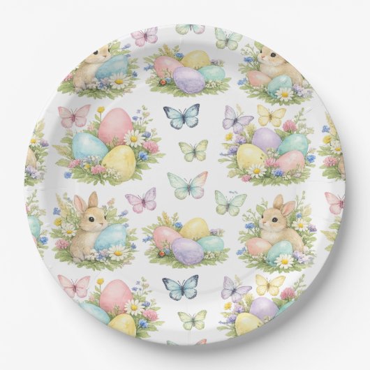 Pastel Easter Eggs & Bunnies Flowers & Butterflies Papieren Bordje (Voorkant)