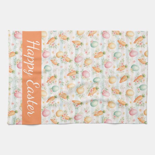 Pastel Easter Eggs & Carrots Watercolor Pattern  Theedoek (Horizontaal)