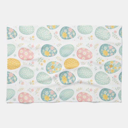 Pastel Easter Eggs Floral Pattern - Cute Spring  Theedoek (Horizontaal)