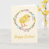 Pastel Easter Willow Wreath With Baby Chick Kaart (Gele Bloem)