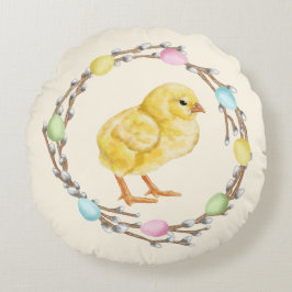 Pastel Easter Willow Wreath With Baby Chick Rond Kussen