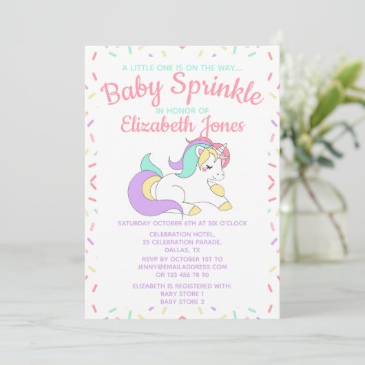 Pastel Eenhoorn Baby Sprinkle Uitnodiging (Staand voorkant)