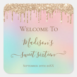 Pastel Eenhoorn Dripping Goud Glitter Zoet 16 Vierkante Sticker