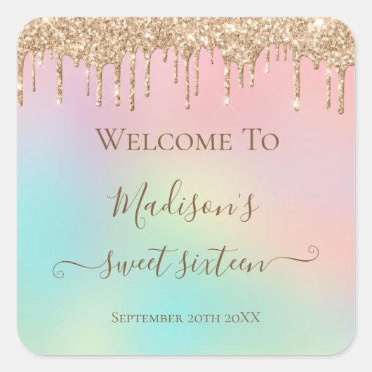 Pastel Eenhoorn Dripping Goud Glitter Zoet 16 Vierkante Sticker (Voorkant)