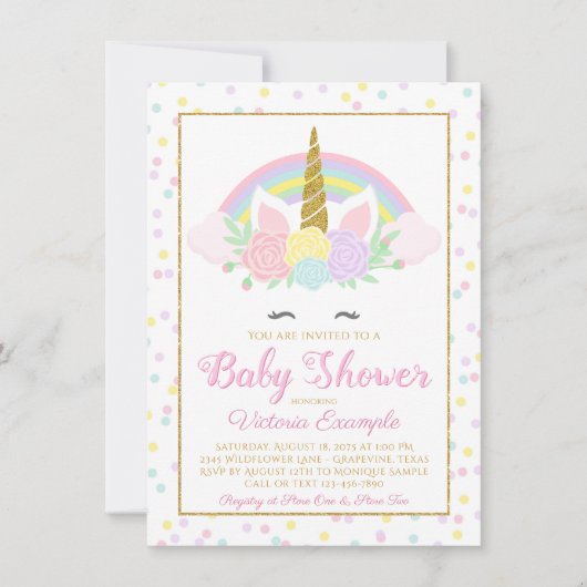 Pastel Eenhoorn Gezicht Regenboog Baby shower Uitn Kaart (Voorkant)