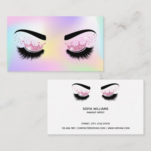 Pastel Eenhoorn hologram Make-up artist Crown Lash Visitekaartje (Voorkant / Achterkant)