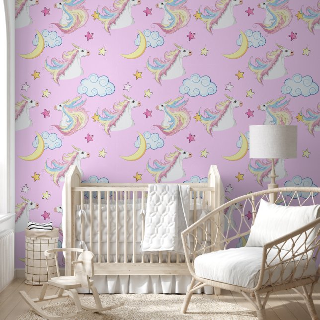 Pastel Eenhoorn & Nacht Dromen | Zachte Roze  Behang (Kinderen)