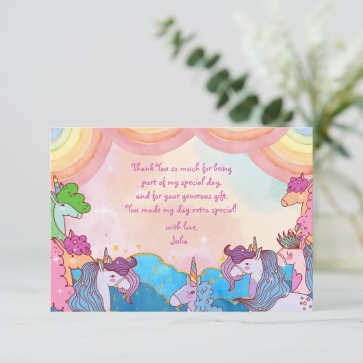 Pastel eenhoorn regenbogen kinderen verjaardag bedankkaart (Staand voorkant)