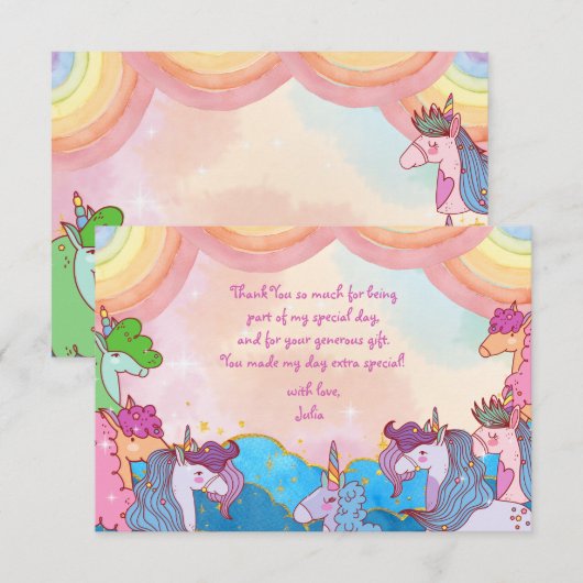 Pastel Eenhoorn regenbogen Kinderverjaardag Bedankkaart (Voorkant / Achterkant)