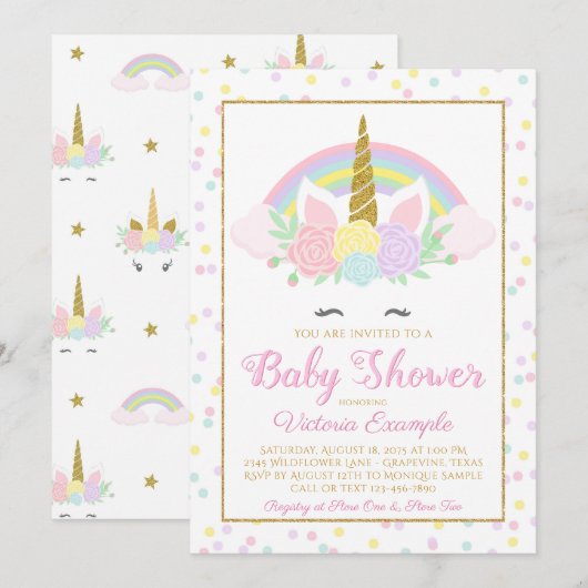 Pastel Eenhoorn Regenboog Baby Girl Douche Uitnodi Kaart (Voorkant / Achterkant)