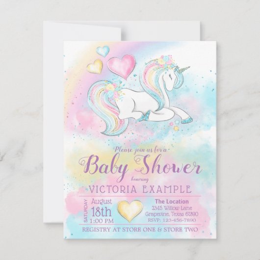 Pastel Eenhoorn Regenboog Meisje Baby shower Invit Kaart (Voorkant)