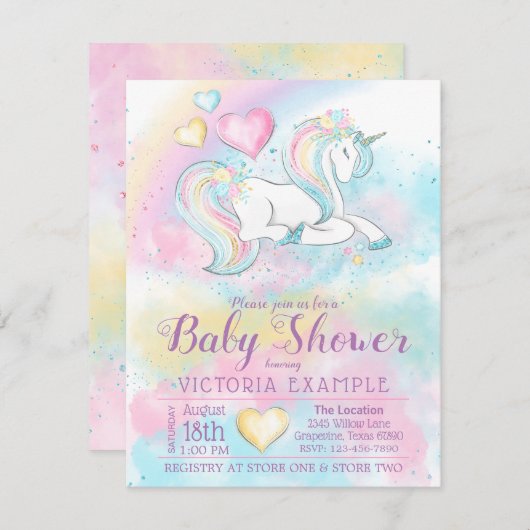 Pastel Eenhoorn Regenboog Meisje Baby shower Invit Kaart (Voorkant / Achterkant)