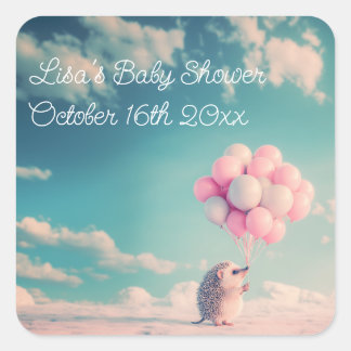 Pastel egel ballon baby shower wensen vierkante sticker