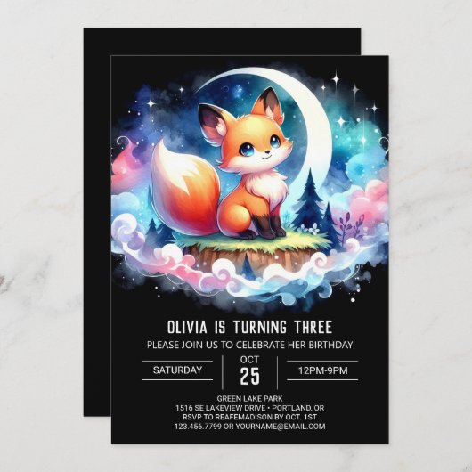 Pastel Elegant Fox Verjaardag digitaal Kaart (Voorkant / Achterkant)