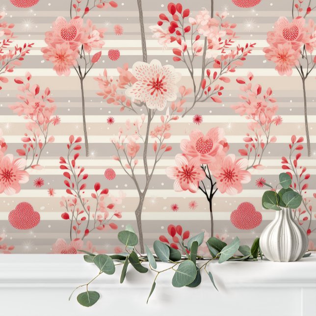Pastel Elegante Roze Grijs Streep Bloem Behang (Creator heeft geüpload)