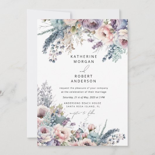 Pastel Elegante Tuin Bloemen Bruiloft Kaart (Voorkant)