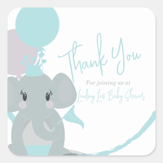 Pastel Elephant Baby Girl Script Baby shower Vierkante Sticker (Voorkant)
