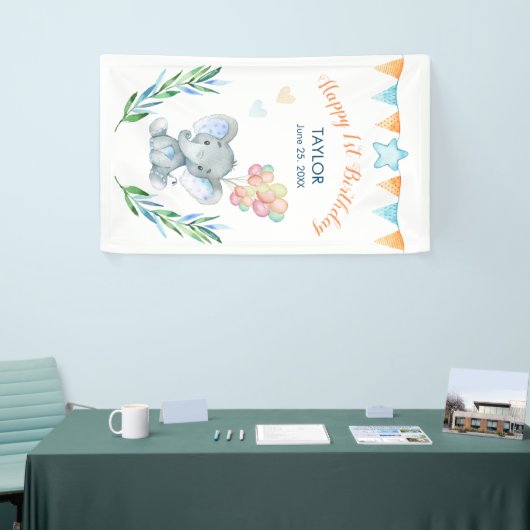 Pastel Elephant Blush Blue Star Happy Birthday Spandoek (Beurs)
