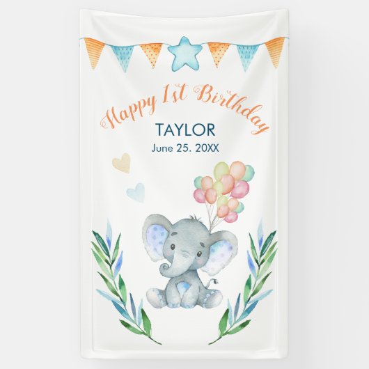 Pastel Elephant Blush Blue Star Happy Birthday Spandoek (Verticaal)